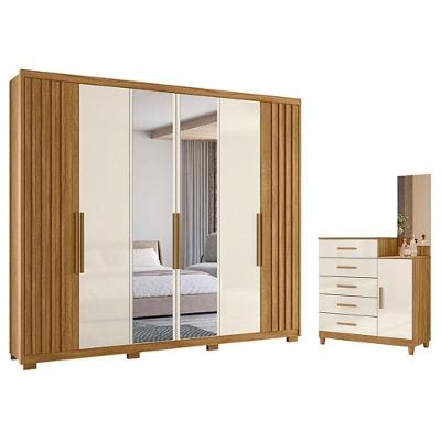 Guarda Roupa Casal e Cômoda Araguaia Lisboa 6 Portas 4 Gavetas MDP com Espelho Freijó Off White