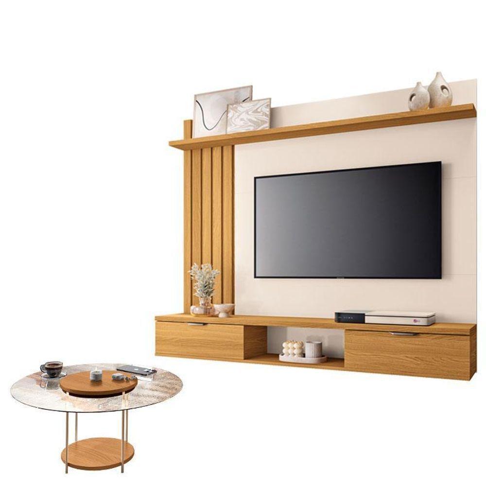 Painel Para Tv Suspenso Lets E Mesa De Centro Sky Com Tampo De Vidro Cinamomo Off White – Hb Móveis - 1