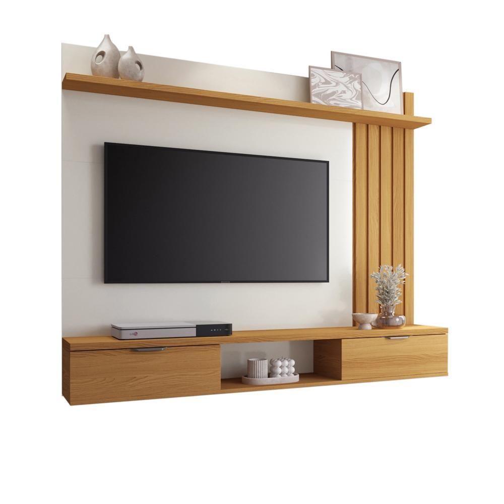 Painel Para Tv Suspenso Lets E Mesa De Centro Sky Com Tampo De Vidro Cinamomo Off White – Hb Móveis - 2