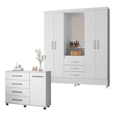 Cômoda e Guarda Roupa Casal Flora Capelinha Pérsia 5 Portas 7 Gavetas em MDP Branco Flex