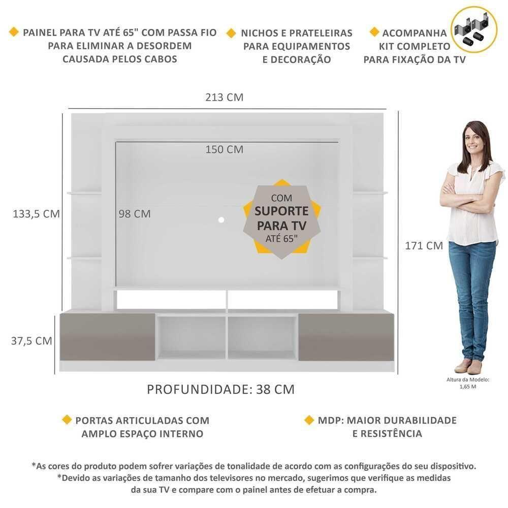 Rack Estante Com Painel E Suporte Tv 65" E 2 Portas Catar Multimóveis Br3386 Branco/lacca Fumê - 5