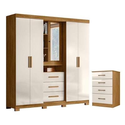 Guarda Roupa Solteiro e Cômoda Eldorado Ms913 5 Portas 3 Gavetas MDP Freijó Off White Brilho