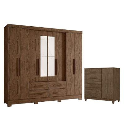 Guarda Roupa Casal San Lorenzo Com Espelho E Cômoda Vênus Com Pés Castanho Wood Flex– Moval
