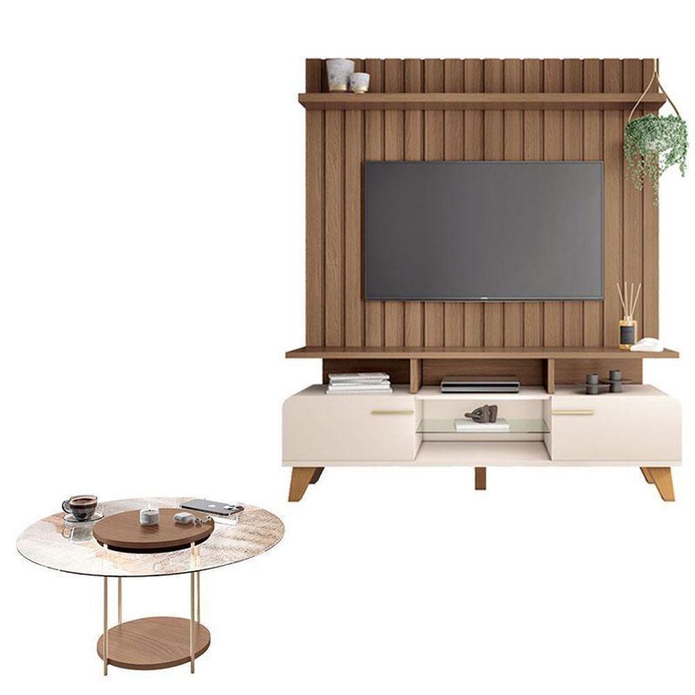 Rack Bancada Essenza E Painel Link 1.6 Com Mesa De Centro Sky Com Tampo De Vidro Off White Castanho – Hb Móveis - 1