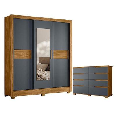 Guarda Roupa Casal e Cômoda Bahamas Georgia 3 Portas de Correr 2 Gavetas MDP Freijó Cinza Fosco