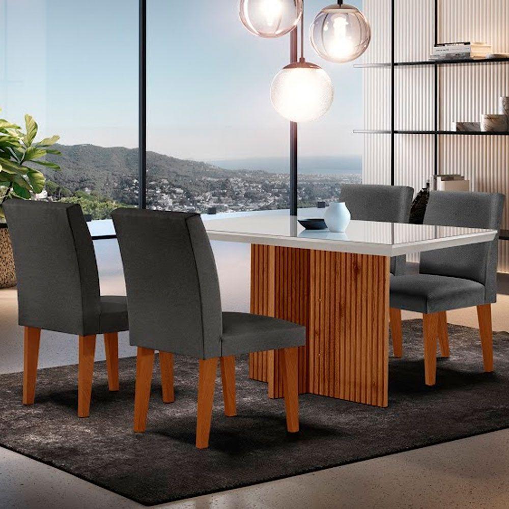 Sala De Jantar Mesa Olimpia 120 Mdf Vidro Canto Reto Com 4 Cadeiras Grafite/off White/imbuia Ripado - 1