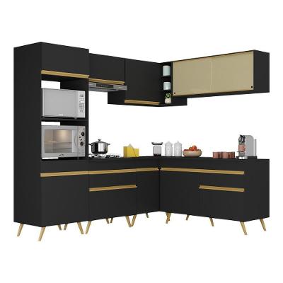 Armário de Cozinha Completa de Canto Veneza 10 Portas 2 Gavetas MDP Preto Dourado