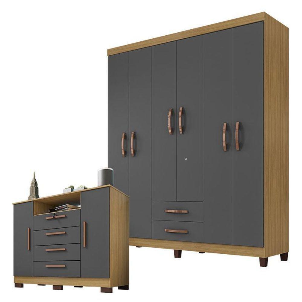 Guarda Roupa Casal Módena Com Cômoda Madri Carvalho Americano Grafite – Incorplac - 1