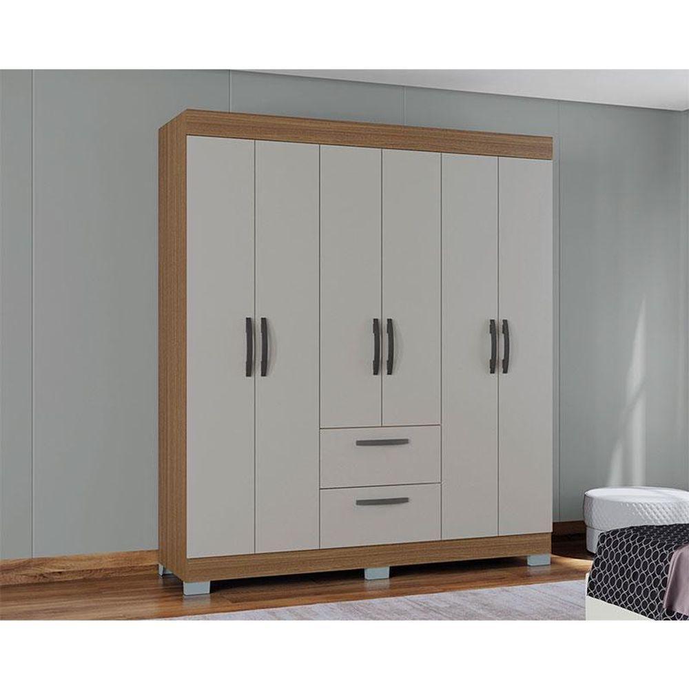 Cômoda 868 4 Gavetas E 1 Porta Com Guarda Roupa Casal Tóquio 6 Portas Castanho Off White - Poquema - 7