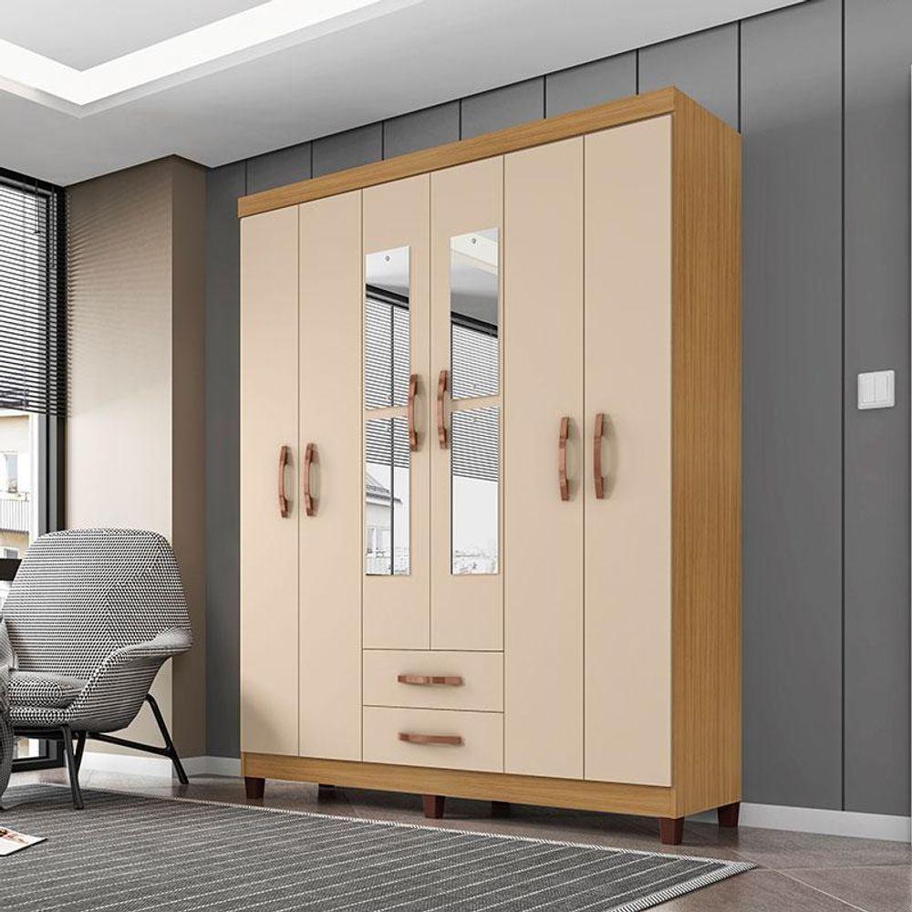 Guarda Roupa Casal Ambiente Modena Com Espelho 6 Portas Carvalho Americano Off White - Incorplac - 1