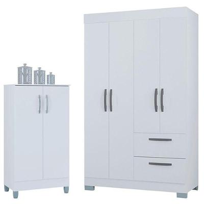 Guarda Roupa Solteiro Tóquio 4 Portas Com Armário Multiuso 2 Portas Pequeno Branco Brilho - Poquema