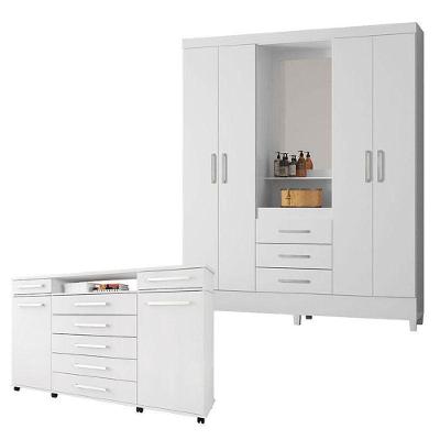 Cômoda e Guarda Roupa Casal Capelinha Pérsia London 6 Portas 10 Gavetas MDP Branco Flex