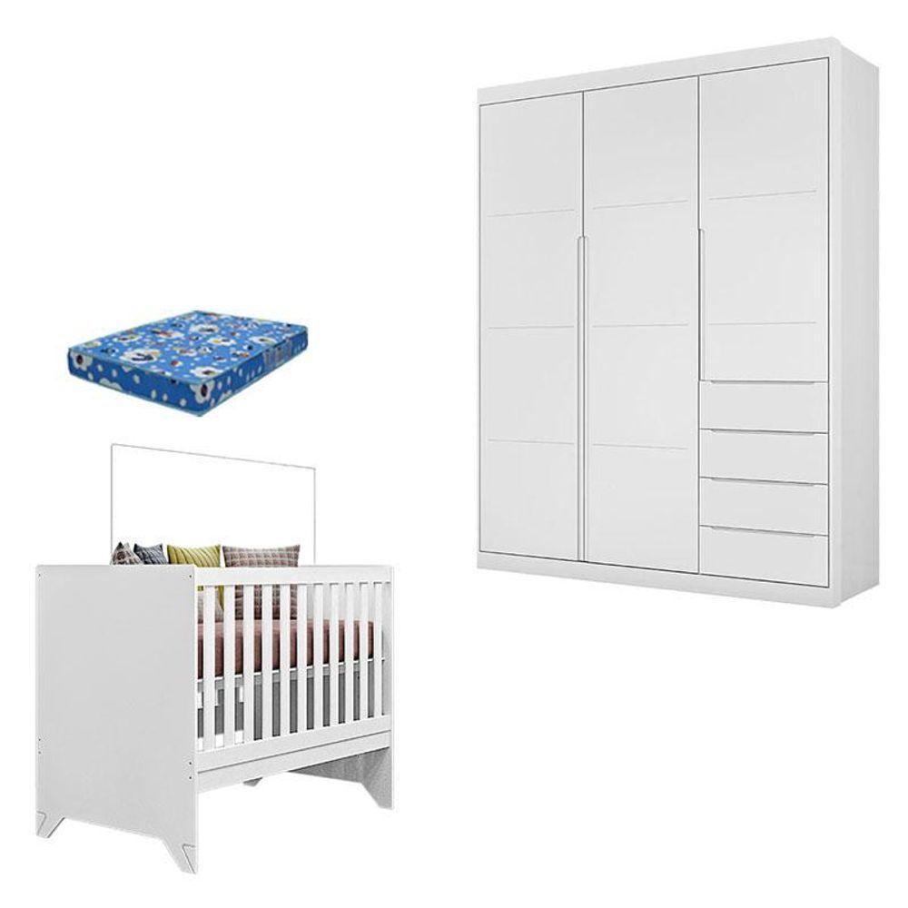 Berço Americano Maya E Guarda Roupa Infantil Blenda Branco Acetinado Com Colchão Ortobom - Phoenix Baby - 1