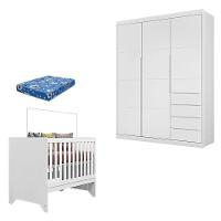 Berço Americano Maya E Guarda Roupa Infantil Blenda Branco Acetinado Com Colchão Ortobom - Phoenix Baby - 1