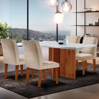 Sala de Jantar Olimpia 4 Lugares Mesa MDF Canto Copo com Cadeiras Grecia Creme Off White Imbuia