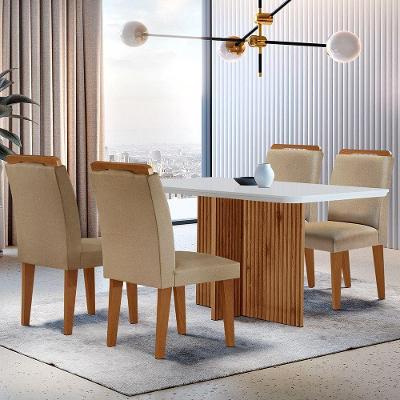 Sala de Jantar Olimpia 4 Lugares Tampo MDF com Cadeiras Athenas Estofadas Off White Imbuia 120cm