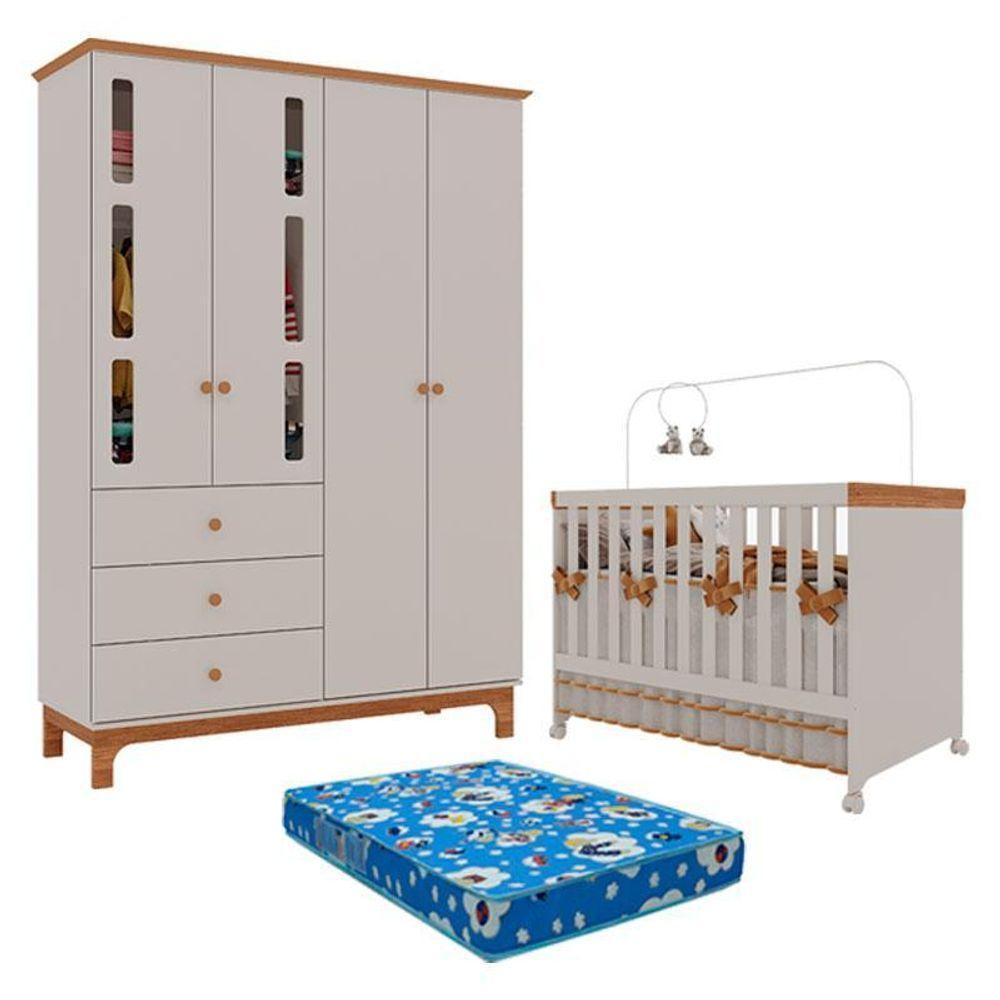 Berço Americano Mini Cama E Guarda Roupa Infantil Antonella 4 Portas Off White Caramelo Com Colchão Ortobom - Canaã - 1