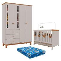 Berço Americano Mini Cama E Guarda Roupa Infantil Antonella 4 Portas Off White Caramelo Com Colchão Ortobom - Canaã - 1