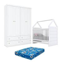 Berço Montessoriano E Guarda Roupa Infantil Americano 4 Portas Branco Com Colchão Ortobom - Henn - 1