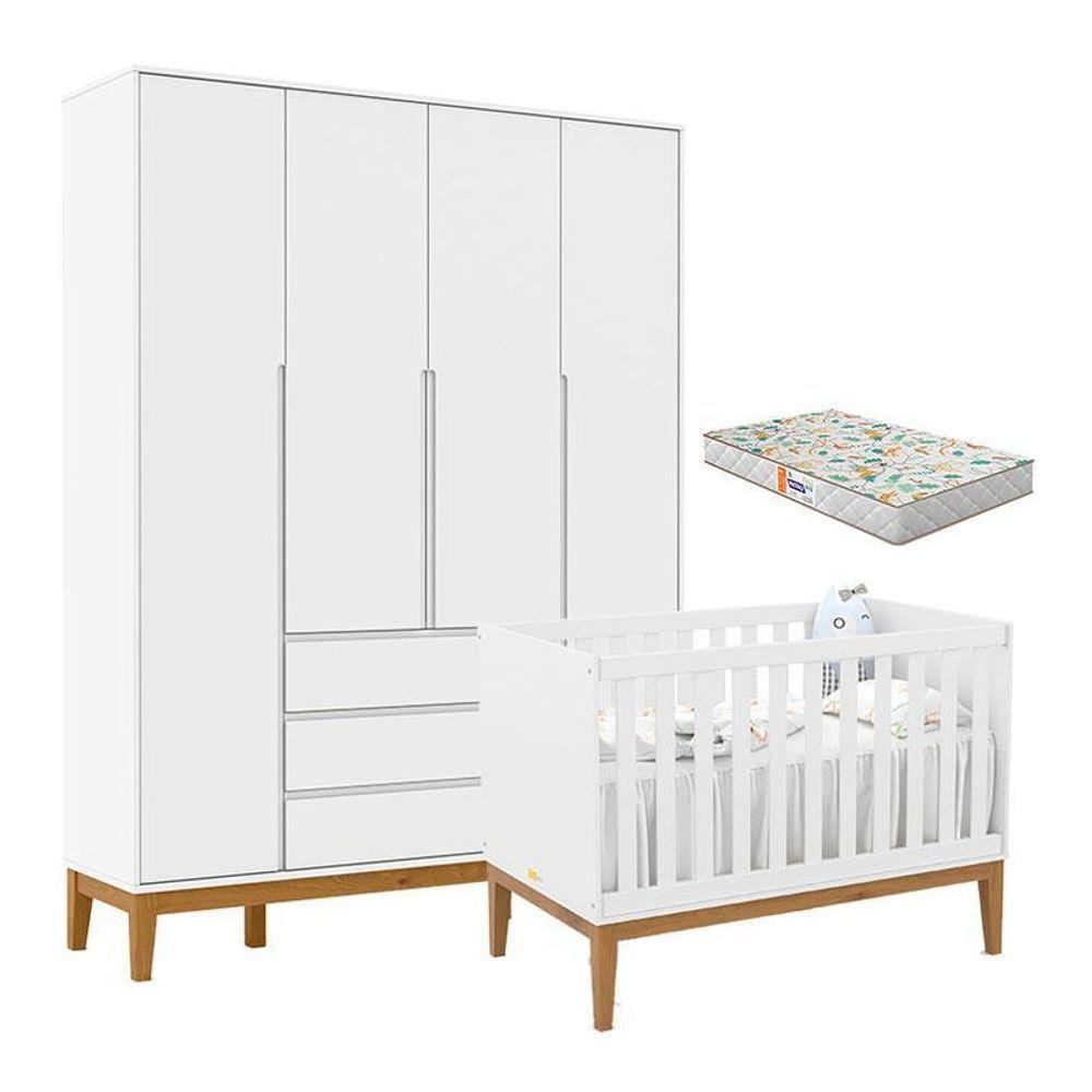 Berço Americano Unique E Guarda Roupa 4 Portas Nature Clean Branco Soft Eco Wood Com Colchão Gazin – Matic - 1
