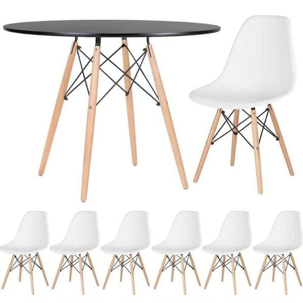 Conjunto De Mesa De Jantar Eames Eiffel Redonda 110cm Tampo De Madeira Preto Com 6 Cadeiras Brancas - 1