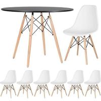 Conjunto De Mesa De Jantar Eames Eiffel Redonda 110cm Tampo De Madeira Preto Com 6 Cadeiras Brancas - 1