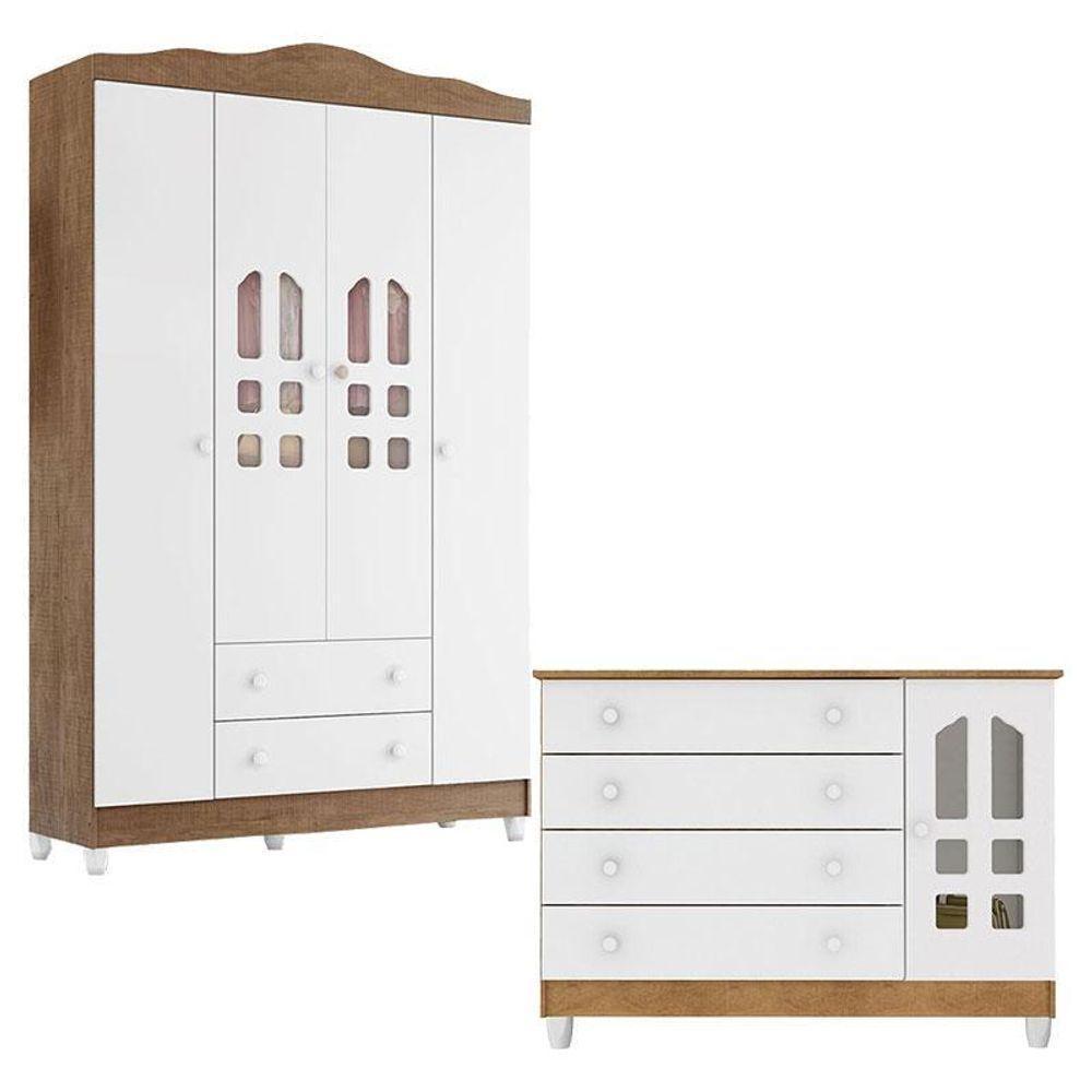 Cômoda Gran Selena E Guarda Roupa Infantil New Selena 4 Portas Branco Acetinado Amadeirado – Carolina Móveis - 1