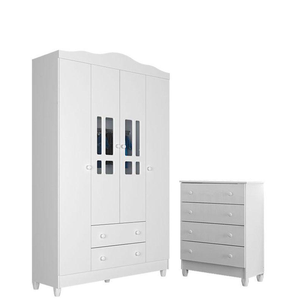 Cômoda Gaveteiro E Guarda Roupa Ariel 4 Portas Branco Brilho - Carolina - 1