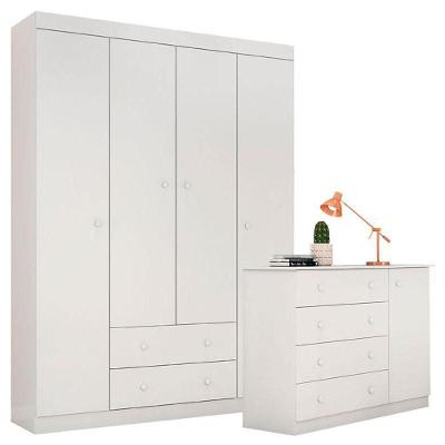 Cômoda e Guarda Roupa Infantil Helena 4 Portas 6 Gavetas MDP Branco Brilho com Prateleiras