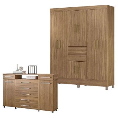 Cômoda e Guarda Roupa Casal London Munique 10 Portas 9 Gavetas em MDP Amêndola Touch