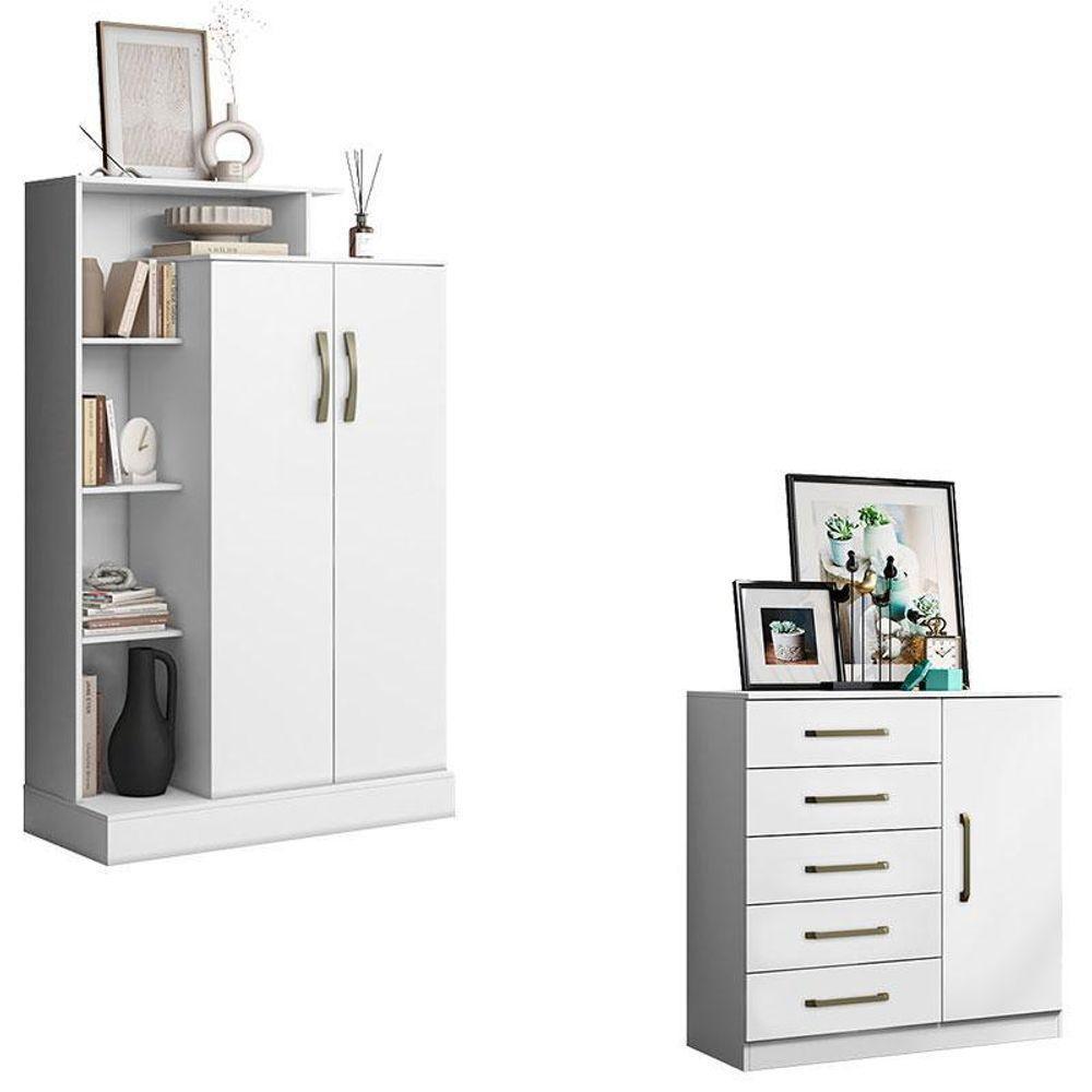 Cômoda Sapateira Milão 2014145 E Armário Multiuso Florença 2000199 Branco Brilho - Aramóveis - 1