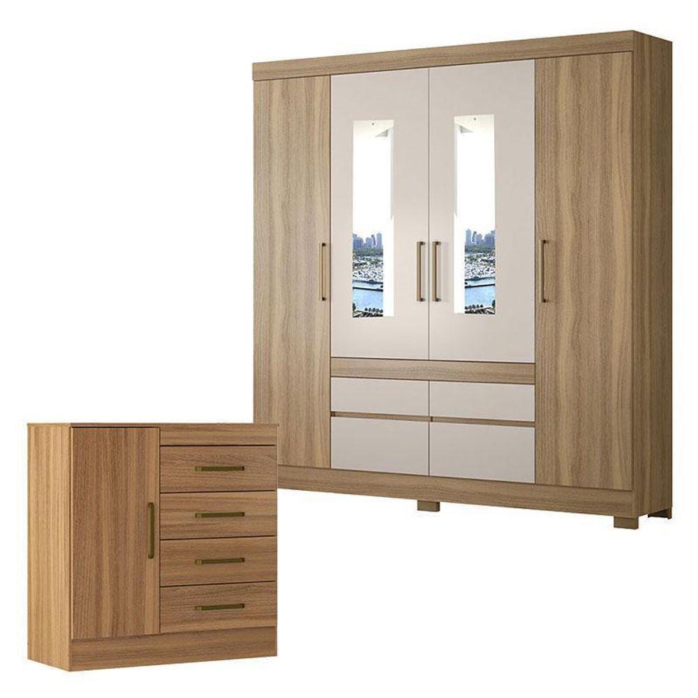 Cômoda Montevidéu E Guarda Roupa Casal Bilbao Amêndola Off White Com Espelho - Demóbile - 1