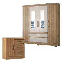 Cômoda Montevidéu E Guarda Roupa Casal Bilbao Amêndola Off White Com Espelho - Demóbile - 1