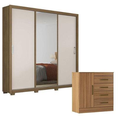 Cômoda e Guarda Roupa Casal Montevidéu Residence 4 Portas de Correr 6 Gavetas em MDP Amêndola Off