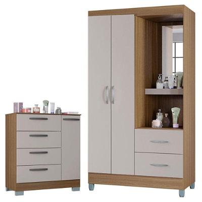 Conjunto Guarda Roupa Solteiro Córdoba 2 Portas 2 Gavetas Castanho Off White Poquema