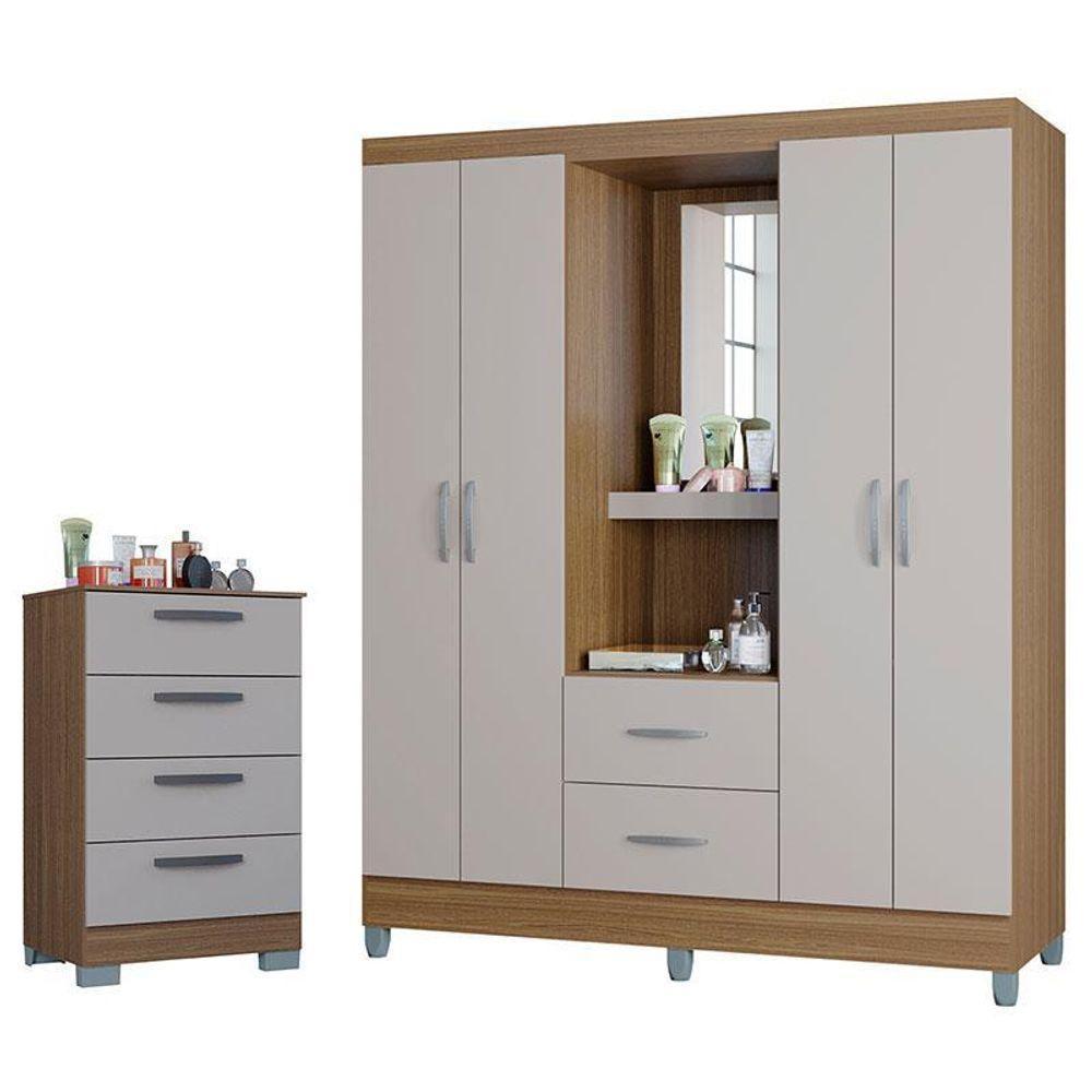 Cômoda 867 4 Gavetas Com Guarda Roupa Solteiro Córdoba 4 Portas Castanho Off White - Poquema - 1