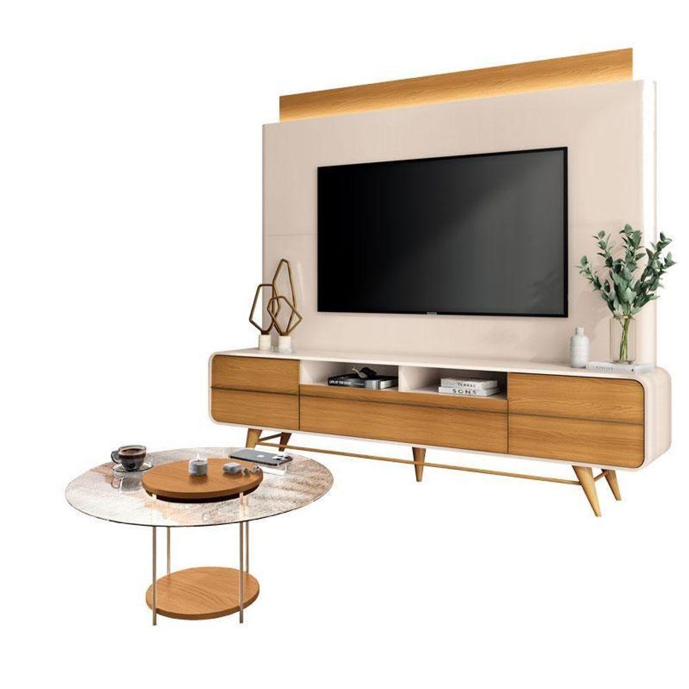 Estante Home Theater Nobre Off White Cinamomo E Mesa De Centro Sky Com Tampo De Vidro Cinamomo – Hb Móveis - 1