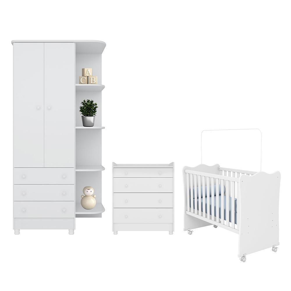 Dormitório Doce Sonho Guarda Roupa, Cômoda Trocador E Berço Branco Com Rodízio - Qmovi Branco - 1