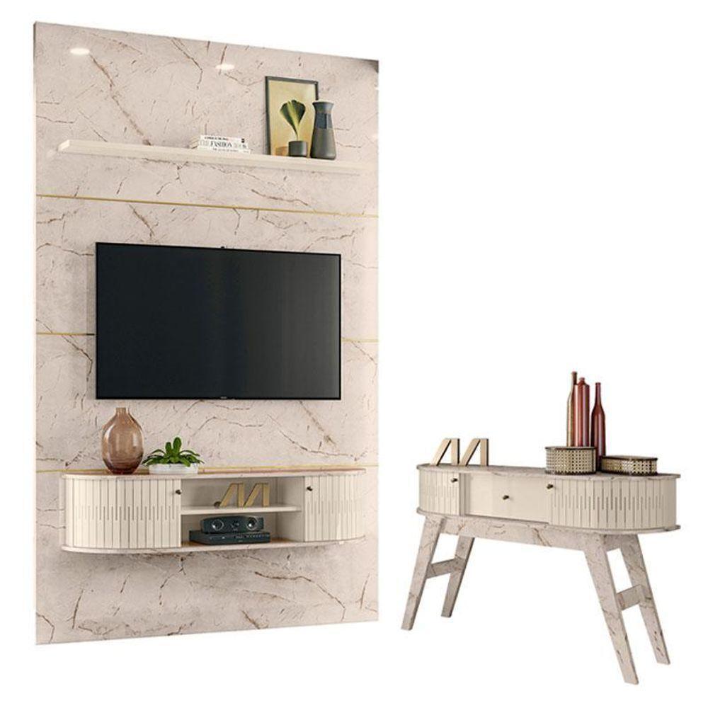 Estante Home Theater Com Bancada Suspensa Monte Carlo Com Aparador Estoril Calacata Off White – Madetec - 1