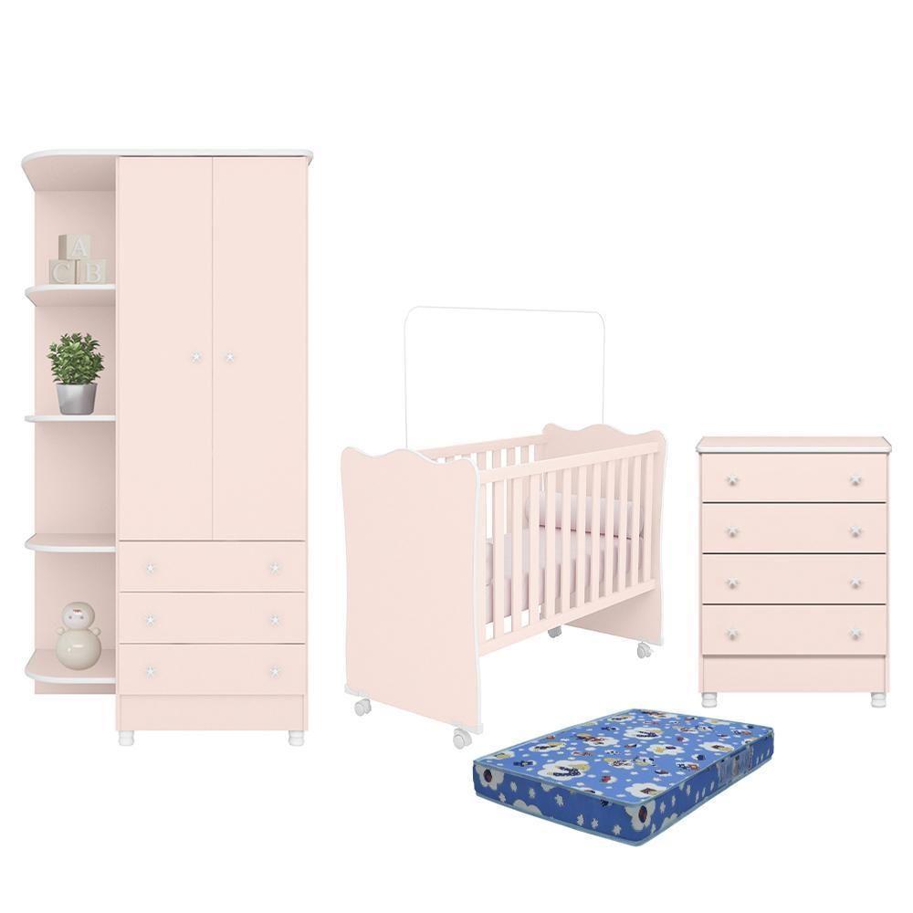 Dormitório Doce Sonho 2 Portas, Cômoda 4 Gavetas E Berço Rosa Acetinado Com Rodízio E Colchão - Qmovi Rosa Acetinado - 1
