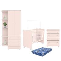 Dormitório Doce Sonho 2 Portas, Cômoda 4 Gavetas E Berço Rosa Acetinado Com Rodízio E Colchão - Qmovi Rosa Acetinado - 1