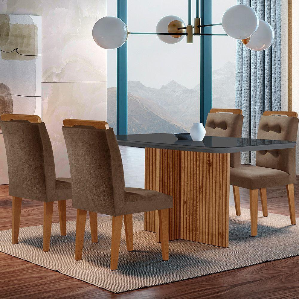 Sala De Jantar Mesa Olimpia 120cm Mdf Vidro Canto Copo Com 4 Cadeiras Marrom, Grafite E Imbuia - 1
