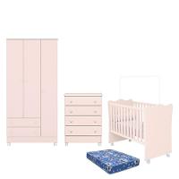 Dormitório Doce Sonho 3 Portas, Cômoda 4 Gavetas, Berço Rosa Acetinado Com Rodízio E Colchão - Qmovi Rosa Acetinado - 1