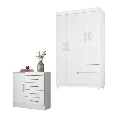 Cômoda e Guarda Roupa Solteiro Montevidéu Lótus 5 Portas 6 Gavetas MDP Branco Flex