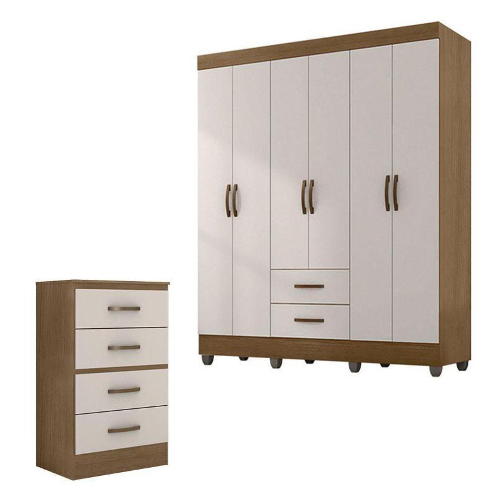 Guarda Roupa Casal 6 Portas E Cômoda 4 Gavetas Lite Nature Off White – Móveis Leão - 1