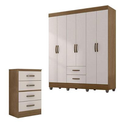 Guarda Roupa Casal 6 Portas E Cômoda 4 Gavetas Lite Nature Off White – Móveis Leão
