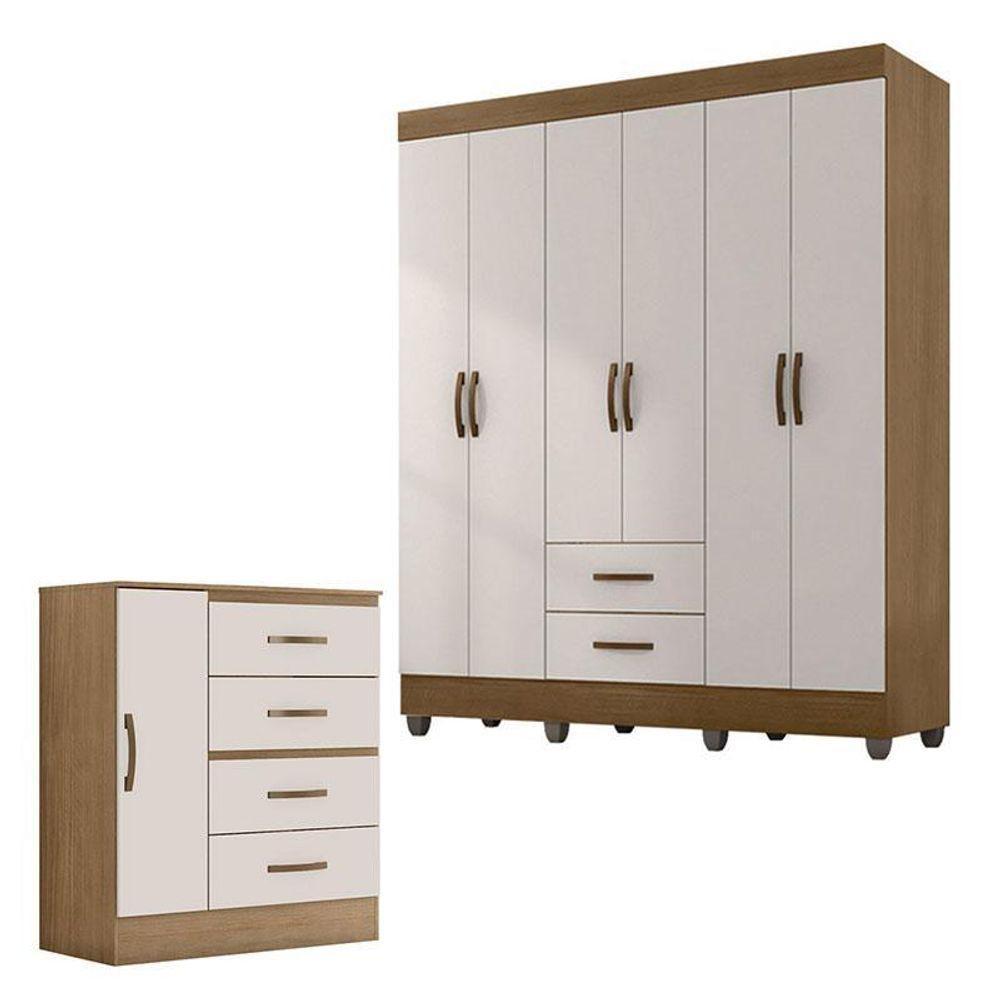 Guarda Roupa Casal 6 Portas E Cômoda 4 Gavetas 01 Porta Lite Nature Off White – Móveis Leão - 1