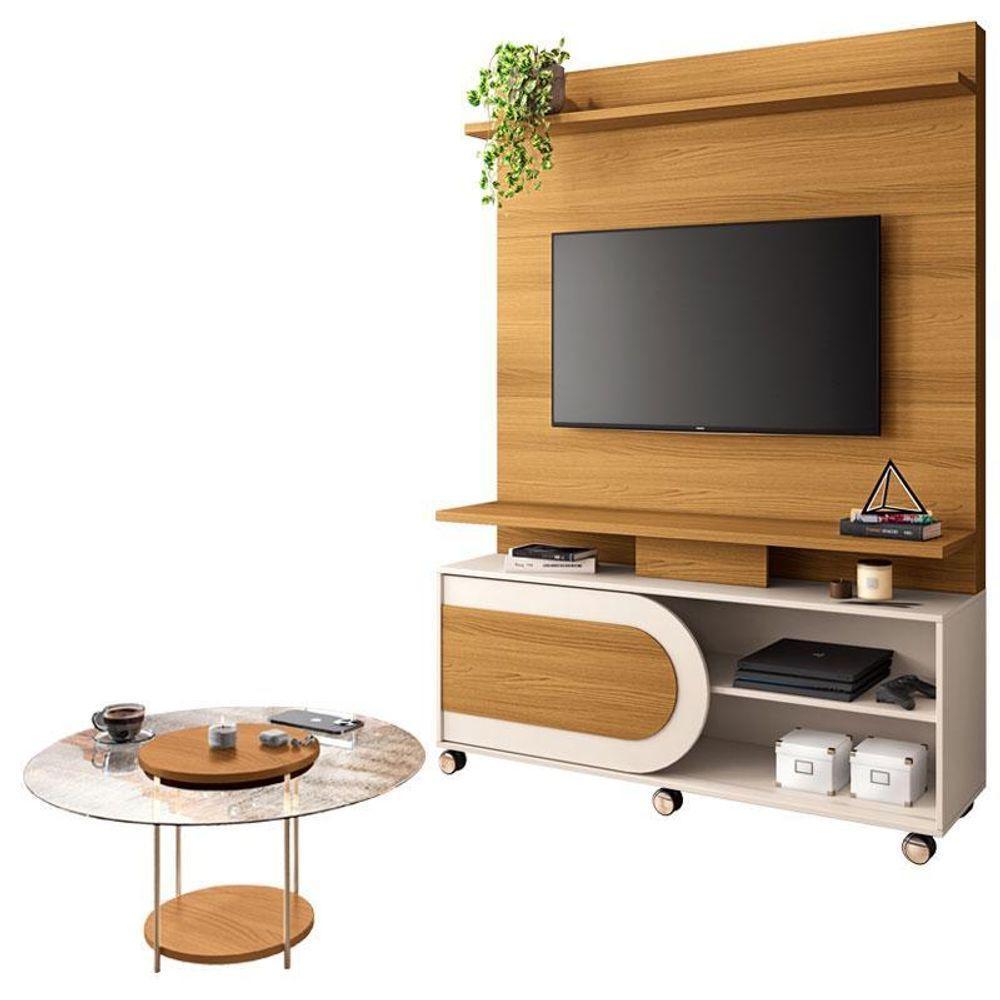 Estante Home Theater órbis Cinamomo Off White E Mesa De Centro Sky Com Tampo De Vidro Cinamomo- Hb Móveis - 1
