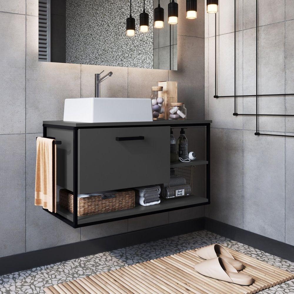 Gabinete Suspenso Para Banheiro Com Lavatório E Porta Basculante Grafite - 1