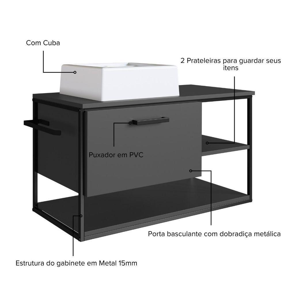 Gabinete Suspenso Para Banheiro Com Lavatório E Porta Basculante Grafite - 3